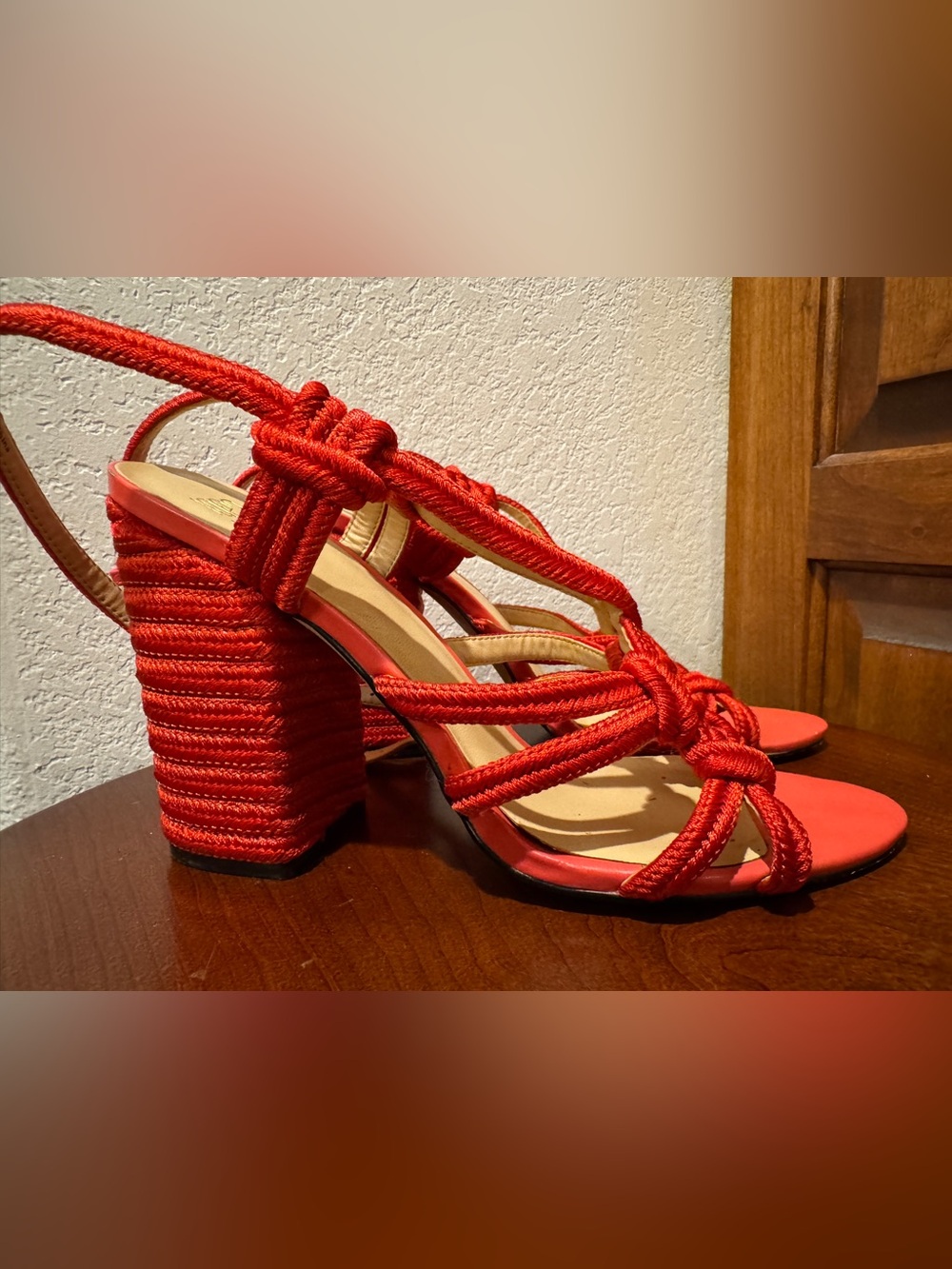 Cabi Tiptoe Knotted Rope Block Heel Sandals Hibiscus Red 6012 Size 10M